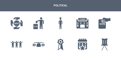 10 political vector icons such as election envelopes and box, election event on a calendar with star, elections badge with a star, equality, freedom contains hand holding vote paper, health clinic,