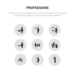 9 round vector icons such as waiter, welder, wrestling, writer, software developer contains physician assistant, orthodontist, statistician, pediatrician. waiter, welder, icon3_, gray professions