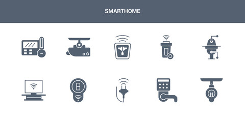 10 smarthome vector icons such as smart lamp, smart lock, smart plug, switch, television contains toilet, trash, socket, surveillance, thermostat. smarthome icons