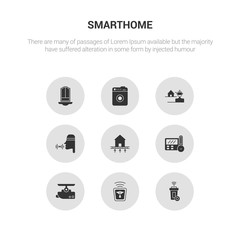 9 round vector icons such as smart trash, socket, surveillance, thermostat, underfloor heating contains voice control, vr technology, washer machine, windows. smart trash, socket, icon3_, gray