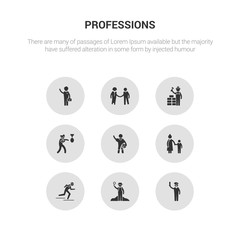 9 round vector icons such as actor, archeologist, athlete, baby sitter, basketball player contains boxer, builder, hr specialist, businessman. actor, archeologist, icon3_, gray professions icons