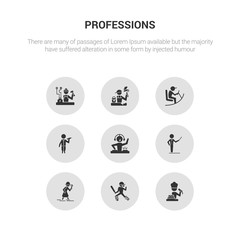 9 round vector icons such as cooker, cricket player, detective, director, dj contains doctor, driver, dyer, electrician. cooker, cricket player, icon3_, gray professions icons