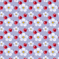 Seamless watercolor pattern with cherries and flowers