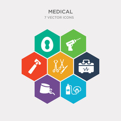 simple set of oxygen mask, doctor cap, doctor briefcase, medical clamp icons, contains such as icons neurology reflex hammer, medical drill, bedpan and more. 64x64 pixel perfect. infographics vector