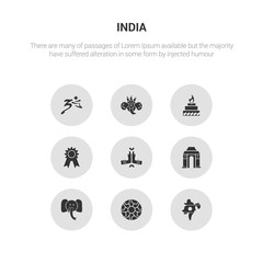 9 round vector icons such as india, rangoli, indian elephant, gate of india, namaste contains india badge, yagna, indian goddess, hindu. rangoli, icon3_, gray icons