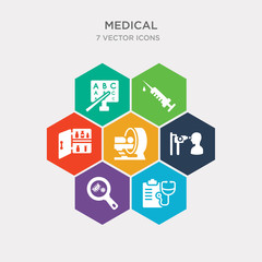 simple set of diagnosis, bacterias, ophthalmologist examination, tomography icons, contains such as icons medicine cabinet, syringe needle, sight check table and more. 64x64 pixel perfect.