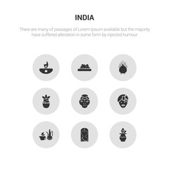 9 round vector icons such as kalasha, woman, indian tea, indian man, kathakali contains kumbh kalash, turkey, indian sweets, diwali lamp. kalasha, woman, icon3_, gray india icons