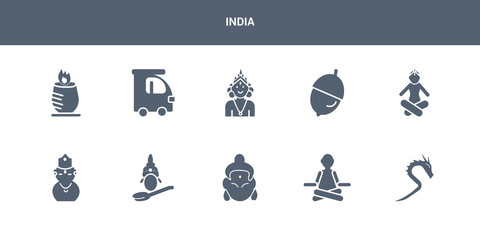 10 india vector icons such as kali, guru, krishna, saraswati, kartikeya contains lakshmi, nut, ardhanareeswara, ricksaw, tandoori. india icons