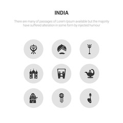 9 round vector icons such as hookah, indian, indra, oil lamp, rickshaw contains taj mahal, trident, turban, sikhism. hookah, indian, icon3_, gray india icons