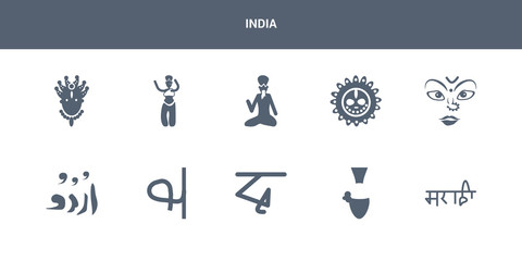 10 india vector icons such as marathi language, yakshagana, bengali language, tamil language, urdu contains navratri, ratha-yatra, shaivism, bihu, krishna janmashtami. india icons