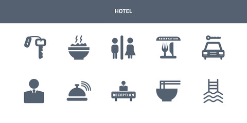 10 hotel vector icons such as pool, ramen, reception, reception bell, receptionist contains rent a car, reservation, restroom, rice, room key. hotel icons