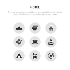 9 round vector icons such as no smoking, olives, onigiri, open, pillow contains pizza, pool, ramen, reception. no smoking, olives, icon3_, gray hotel icons