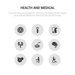 9 round vector icons such as tonometer, transfusion, urine, urology, vaccine contains veterinary, vitamin, walking stick, wheelchair. tonometer, transfusion, icon3_, gray health and medical icons