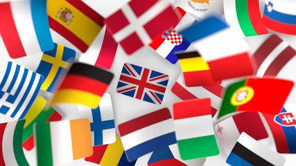 Fototapeta premium British Union Jack surrounded by all 27 European flags flying around concept