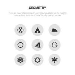 9 round vector icons such as star of six points, star ornament of small triangles, star ornament of triangles, synergy, tetrahedron contains transform, trapezium, triangle, triangle inside hexagon.