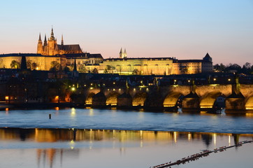 Charles Bridge in Prague with seagulls at night