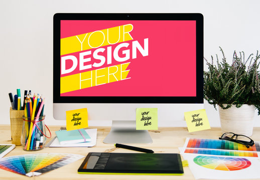 Design Studio Desk with Computer and Sticky Notes Mockup