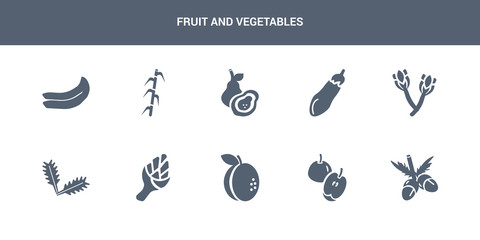 10 fruit and vegetables vector icons such as acorn, apple, apricot, artichoke, arugula contains asparagus, aubergine, avocado, bamboo, banana. fruit and vegetables icons