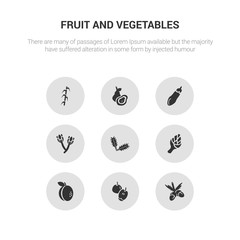 9 round vector icons such as acorn, apple, apricot, artichoke, arugula contains asparagus, aubergine, avocado, bamboo. acorn, apple, icon3_, gray fruit and vegetables icons