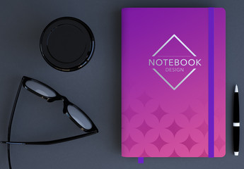 Notebook with Elastic Tie Mockup with Glasses and Cup