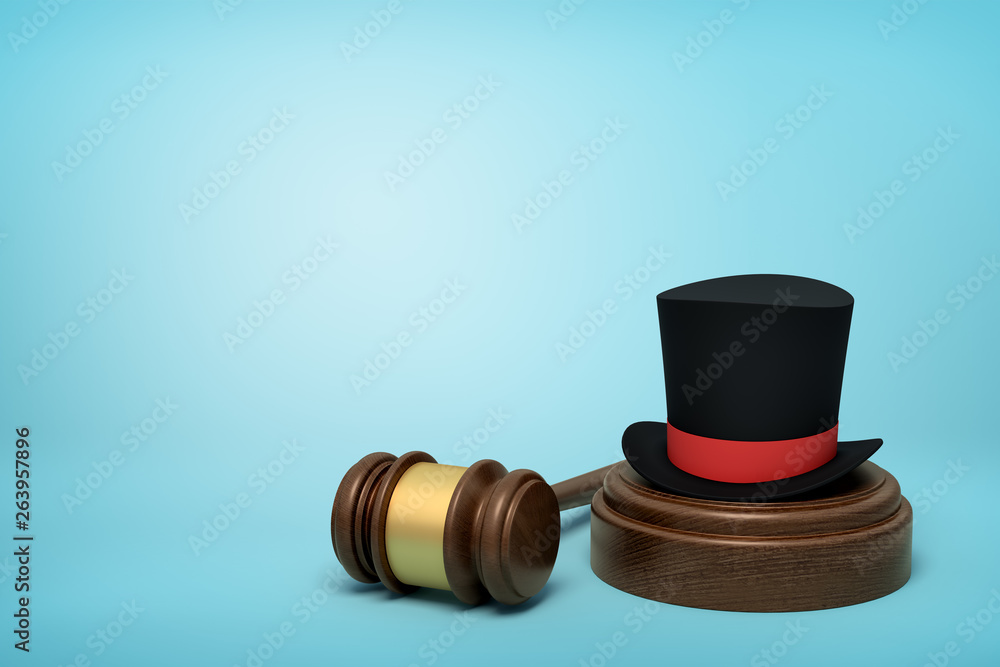 Poster 3d rendering of black top hat with red ribbon on sounding block with judge gavel lying beside on lig