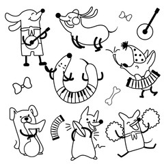 Set of graphics of dogs isolated on a white background. Line art dogs.
