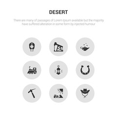 9 round vector icons such as cowboy hat, desert, hoe, horseshoe, lantern contains locomotive, palm tree, petroleum, pharaoh. cowboy hat, desert, icon3_, gray desert icons