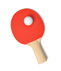 3d rendering of ping pong racket with red rubber and ping pong ball on it viewed from above on white background.
