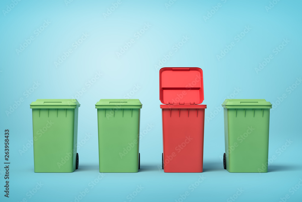 Poster 3d rendering of three green and one open red trash bins on blue background
