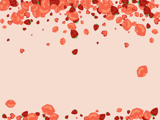 Strawberries, lips and hearts on a pink background. Romantic background with a kiss and a heart. Confetti of lips on Valentine's Day. Card for the day of lovers.
