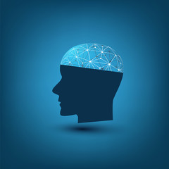 Machine Learning, Artificial Intelligence, Cloud Computing, Automated Support Assistance and Networks Design Concept with Wireframe and Human Head 