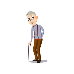 Fototapeta premium Old smiling man with eyeglasses stay in walking stick