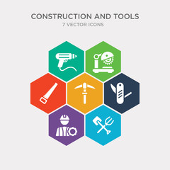 simple set of shovel and fork, mechanic working, jackknife, pickaxe icons, contains such as icons handsaw, chop saw, sealant gun and more. 64x64 pixel perfect. infographics vector