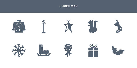 Fototapeta na wymiar 10 christmas vector icons such as christmas peppermint, christmas present, ribbon, shoe, snowflake contains sock, squirrel, star, street light, sweater. icons