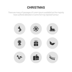 9 round vector icons such as christmas lights, christmas mail box, christmas origami, peppermint, present contains ribbon, shoe, snowflake, sock. lights, mail box, icon3_, gray icons