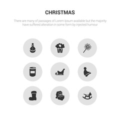 9 round vector icons such as rocking horse, santa, santa claus boot, santa hat, sleigh contains soda, sparkler, sweets, tin soldier. rocking horse, icon3_, gray christmas icons