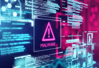 A computer screen with program code warning of a detected malware script program. 3d illustration - obrazy, fototapety, plakaty