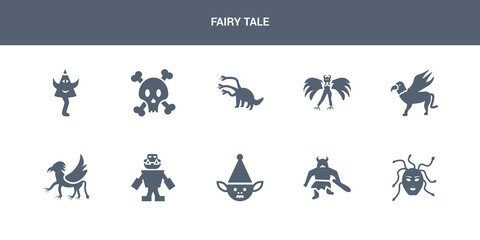 10 fairy tale vector icons such as female medusa, giant, goblin, golem, griffin contains gryphon, harpy, hydra, jolly roger, karakasakozou. fairy tale icons