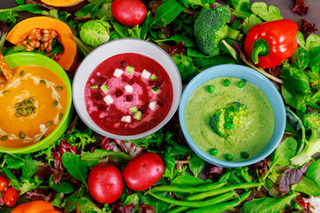 Healthy eating or vegetarian food of colorful vegetables cream soups and ingredients for soup.