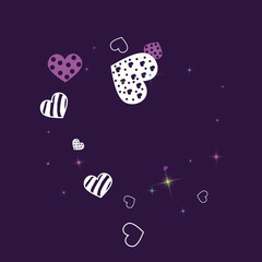 Greeting card with hearts and glitter on a purple background. Romantic confetti from hearts.