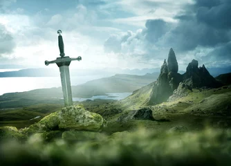 Fotobehang An ancient and mythical sword set against a dramatic landscape. Fantasy background 3d mixed media. © James Thew