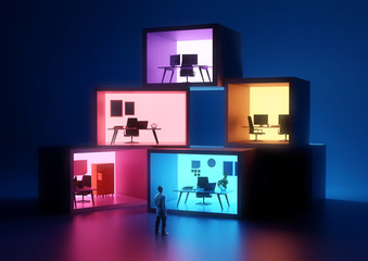 A group of business offices and workplace spaces. Co-working 3D illustration.