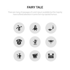9 round vector icons such as castle, cauldron, devil, dragonfly, elf contains frankenstein, genie, ghost, joker. castle, cauldron, icon3_, gray fairy tale icons