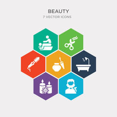 simple set of shaving, candle flower, shower place, liner icons, contains such as icons hair curler, hairdresser scissors, relaxing massage and more. 64x64 pixel perfect. infographics vector