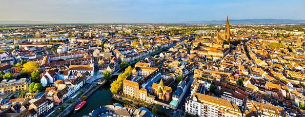 Panorama of the old town of Strasbourg with the Cathedral, France