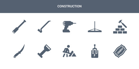 10 construction vector icons such as cement, circuit breaker, road construction, bolster, boning rod contains brick hammer, bump cutter, cordless drill, crowbar, digging bar. construction icons