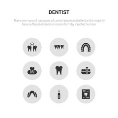 9 round vector icons such as radiograph, sealants, partial denture, overdenture, oral contains occlusal, maxilla, malocclusion, interproximal. radiograph, sealants, icon3_, gray dentist icons