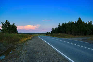 Fototapeta premium Autumn forest with country road at sunset. Colorful landscape with trees, rural road, sun in fall.