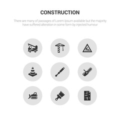 9 round vector icons such as print, brush, bulldozer, chainsaw, chisel contains cone, construction, crane, crane truck. print, brush, icon3_, gray construction icons