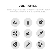 9 round vector icons such as pipe, screw, tools, trowel, wheelbarrow contains wrench, cement, circuit breaker, road construction. pipe, screw, icon3_, gray construction icons
